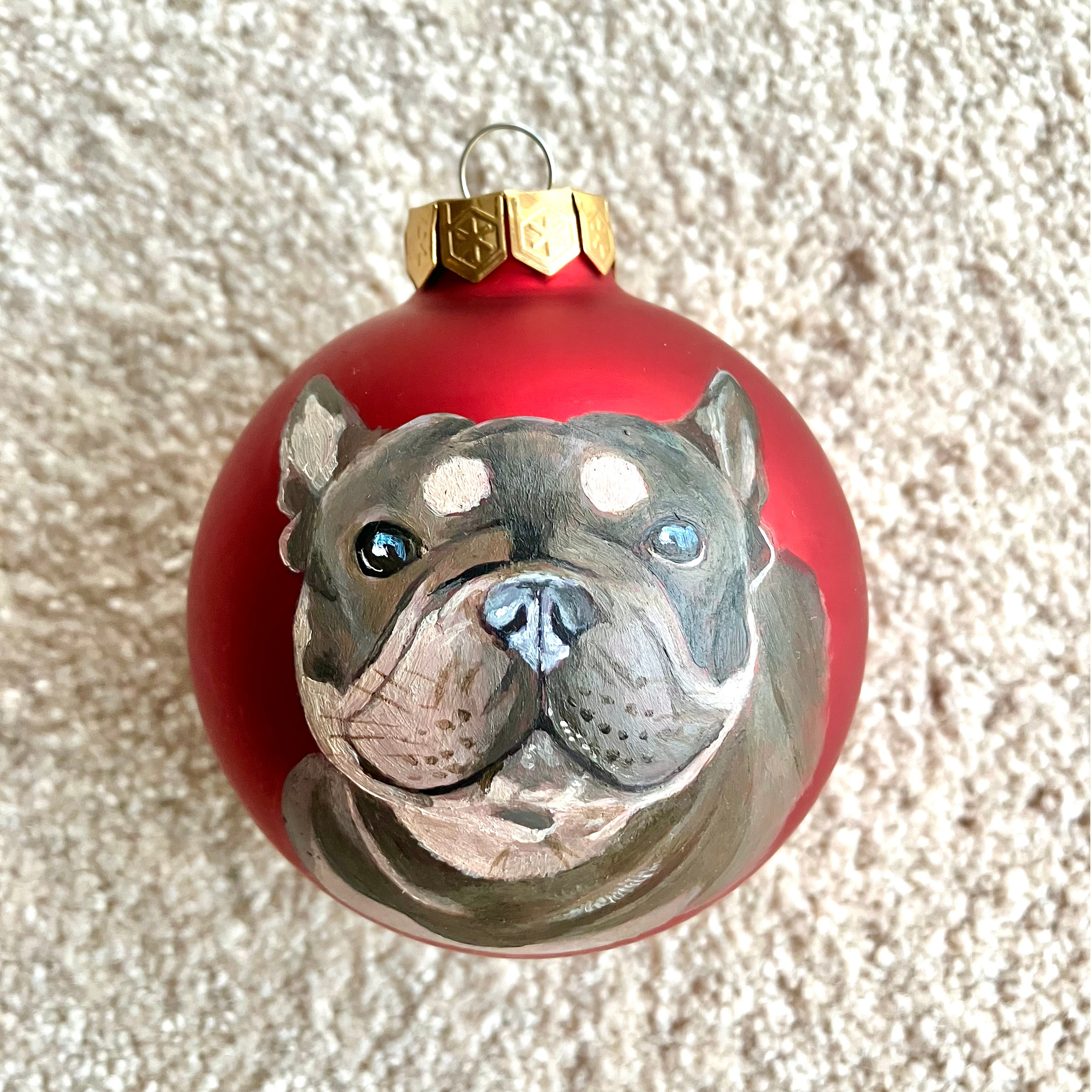 Francia bulldog portré 8 cm üveg karácsonyfa gömb piros