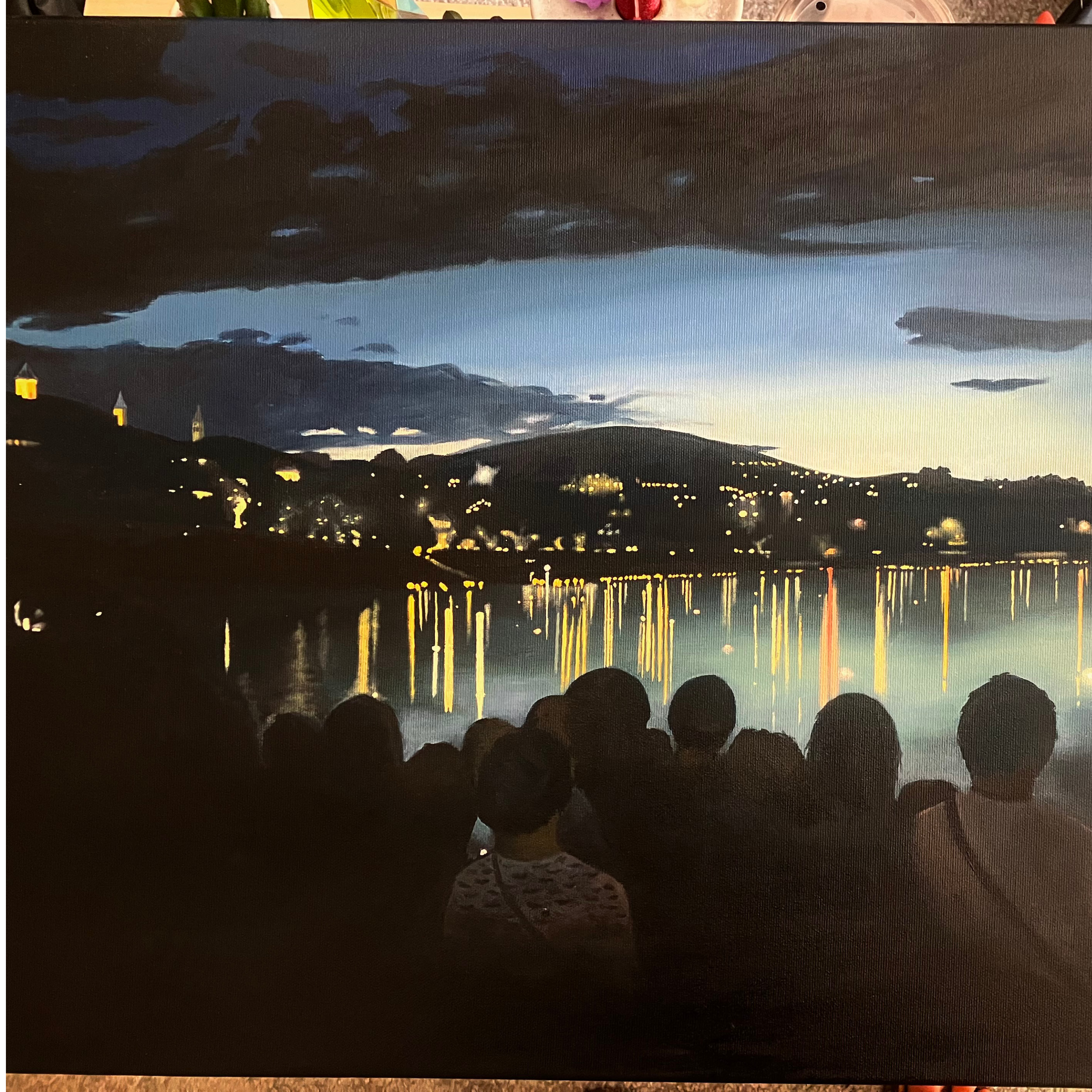 Szentendrei gyertyaúsztatás esti olajfestmény